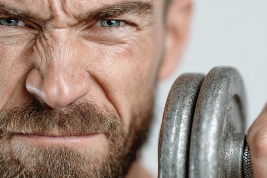 Man lifting dumbbell with effortful face, workout theme, white background