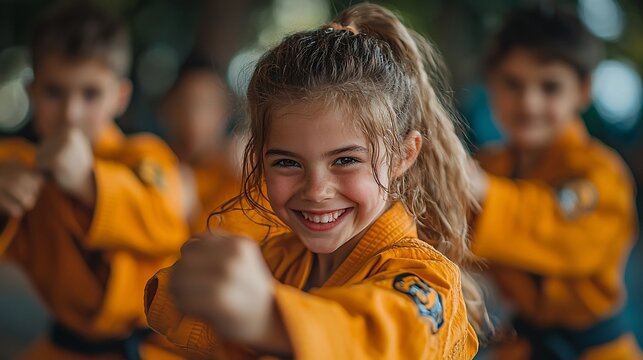 Happy girl in martial arts class, smiling, with friends - Powered by Adobe