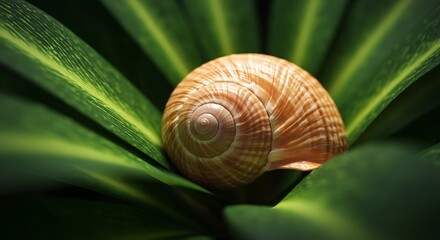Snail shell on leaf macro photo