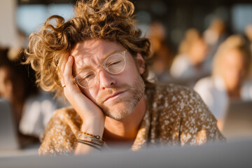 Obraz premium Young man looking bored while sitting in an office full of people 