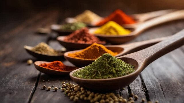 Close-up of various aromatic spices displayed in spoons