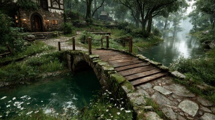 Fototapeta premium Enchanted Forest Bridge Over Calm Stream with Stone Pathway and Lush Greenery