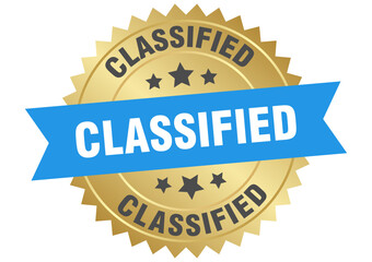 classified. classified round blue and gold label isolated on transparent background