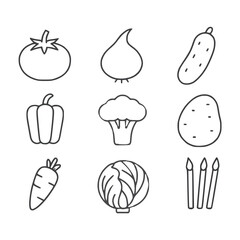 Set of  simple line drawing vegetable icons including tomato, onion, cucumber, bell pepper, broccoli, potato, carrot, cabbage, . Concept of healthy eating and organic food.
