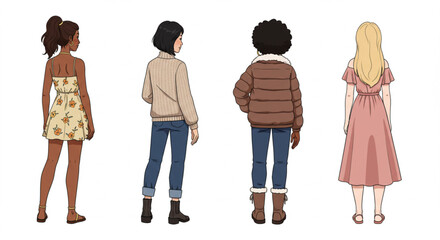 Urban Women Fashion Back View Cartoon Characters Vector Illustration