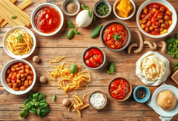 Wooden table, pasta, sauces, garnishes, rustic, inviting, atmosphere, DIY, pasta-making, ingredients, spread, wooden, table, rustic, inviting, atmosphere, DIY, pasta-making, ingredients, spread