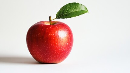 A vibrant red apple rests on a single green leaf.