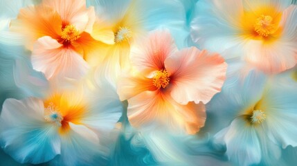 Obraz premium Vibrant Hibiscus Flowers with Soft Blue Background and Artistic Touch