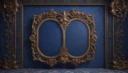 Elaborate floral frame with damask backdrop, royal blue ,  surface,  antique, vintage frame