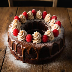 Pastel de chocolate en forma de rosca decorado con glaseado de chocolate, crema batida y frambuesas frescas, presentado sobre una mesa de madera rústica