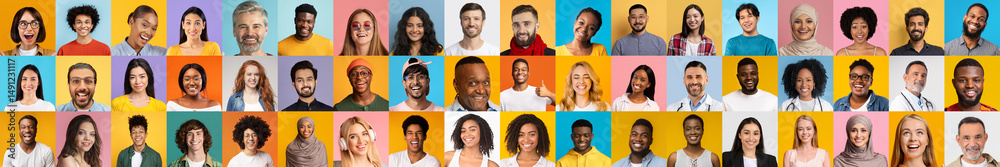 Aufkleber A vibrant collage displaying diverse individuals from various backgrounds, each smiling and showcasing their unique features against colorful backgrounds.