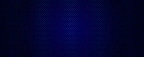 Glowing circular dots pattern on dark blue gradient background. Modern glossy halftone dot art design. Futuristic technology concept. Perfect for poster, cover, banner, brochure.