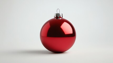 A single, glossy, red Christmas ornament hangs against a dark background.