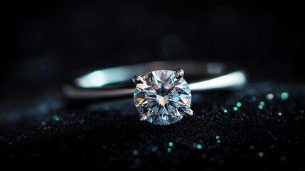 A glistening diamond ring rests on a luxurious black velvet background.