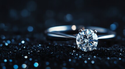 A brilliant, shiny diamond ring rests on a luxurious black velvet background.