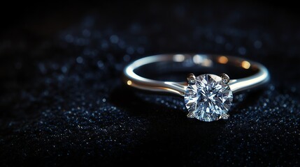 A gleaming diamond ring rests on a luxurious black velvet background.