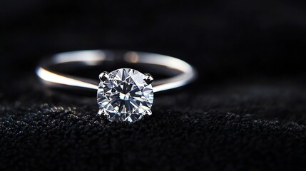 A gleaming diamond ring rests on a luxurious black velvet background.