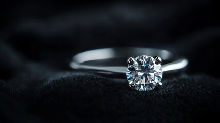 A brilliant, shiny diamond ring rests on a luxurious black velvet background.