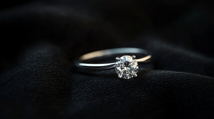 A glistening diamond ring rests on a luxurious black velvet background.