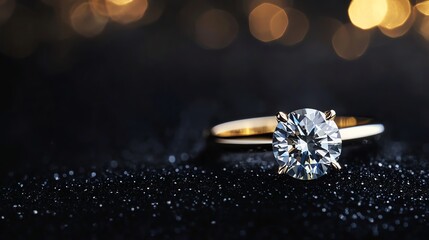 A gleaming diamond ring rests on a luxurious black velvet background.