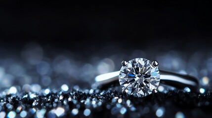 A gleaming diamond ring rests on a luxurious black velvet background.