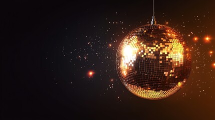 A brightly lit, reflective disco ball dominates the image, casting shimmering light.