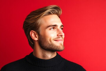 Fototapeta premium Fashionable men's side part haircut - midlife white man with blond hair. A proud and confident gentleman standing tall. Red solid background. Conceptual art of style for aging men.