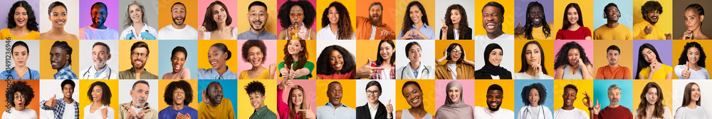 Poster a collection of portraits features diverse individuals smiling and expressing joy against bright bac