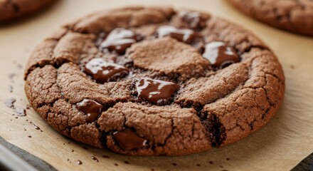 A tempting chocolate cookie with melted chocolate chunks on parchment paper. Perfect for indulging in a sweet treat or a quick dessert!