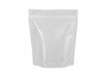White plastic zipper pouch mockup, packaging design for snacks, clean transparent background, sealed empty bag