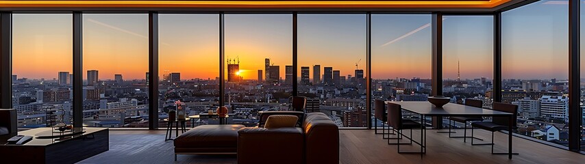 Panoramic city view from a high-rise apartment