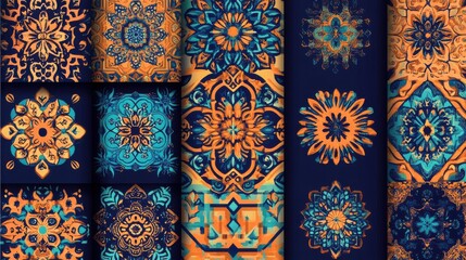Colorful geometric patterns with blue and orange motifs in design
