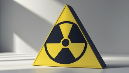 Obraz premium Yellow triangular radiation warning sign with black symbol on a white surface