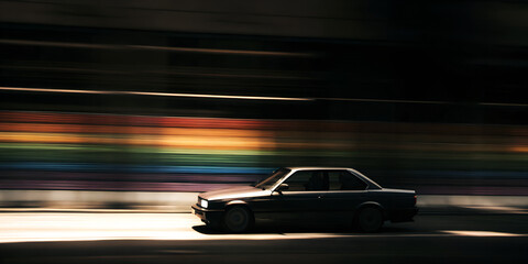 Fast Classic Car Driving at Night Past a Colorful Wall
