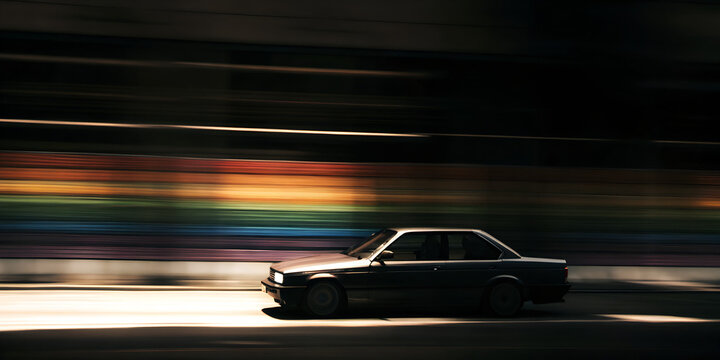 Fototapeta Fast Classic Car Driving at Night Past a Colorful Wall