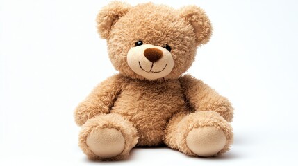 A fluffy, brown teddy bear sits alone on a white surface.