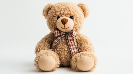 Fototapeta premium A fluffy, brown teddy bear sits alone on a white surface.