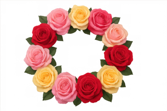 Beautiful colorful roses forming a perfect circle with green leaves, isolated on transparent background