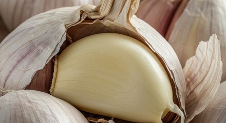 Close-up of a fresh garlic bulb with a single clove exposed, showcasing its creamy texture and papery outer layers, culinary ingredient.