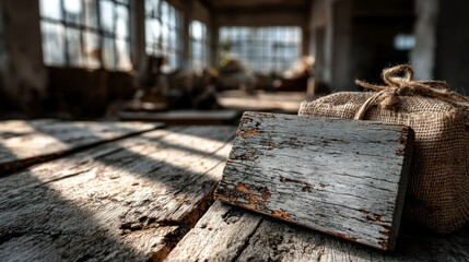 Weathered Wooden Sign and Sack in Rustic Setting