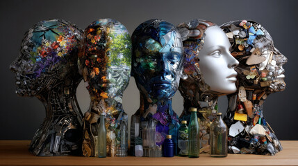 Recycling ideas and environmental garbage management solutions and creative ways to reuse waste as old paper glass metal and plastic bottles shaped as a human head as a symbol for reusable thinking.