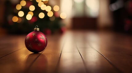 Decorative Christmas Ornament on Wooden Floor with Soft Focus Background
