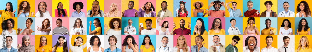 Poster a vibrant collage showcases a collection of diverse individuals smiling and expressing joy. their un
