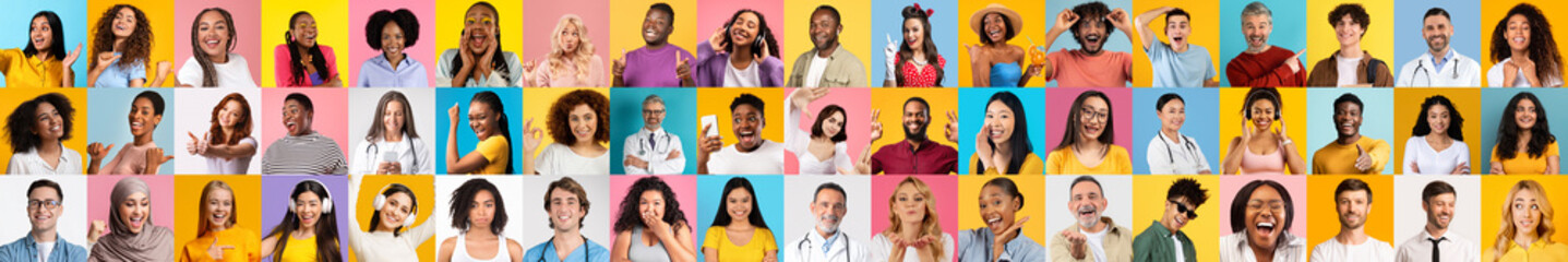 A vibrant collage showcases a collection of diverse individuals smiling and expressing joy. Their unique backgrounds illuminate the beauty of diverse lifestyles in a playful setting.