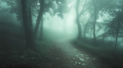 Fototapeta premium Mysterious Foggy Path Through Enchanted Forest in Soft Light