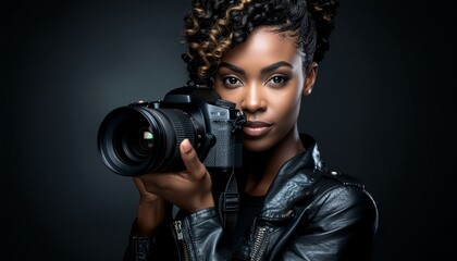 Stylish Black woman Photographer on Location holding a DSLR camera