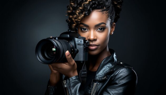 Stylish Black woman Photographer on Location holding a DSLR camera