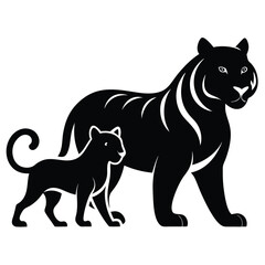 Black tiger silhouette with a cub following behind.
