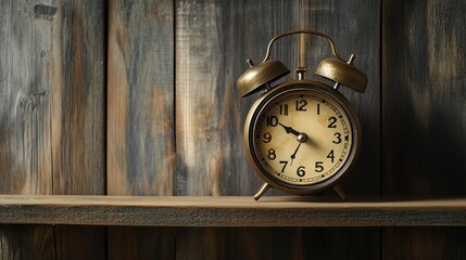 Naklejka premium A vintage alarm clock sits alone on a wooden shelf.