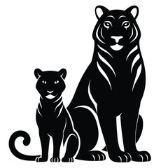 Tiger and cub sitting together in black silhouette.